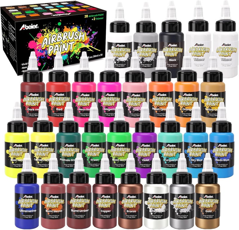 ABEIER Airbrush Paint, 28 Colors x 1oz (30ml) with 2 Thinner, Ready to Spray, Non-Toxic, Water-Based Acrylic Airbrush Paint Set for Metal, Models - Image 1